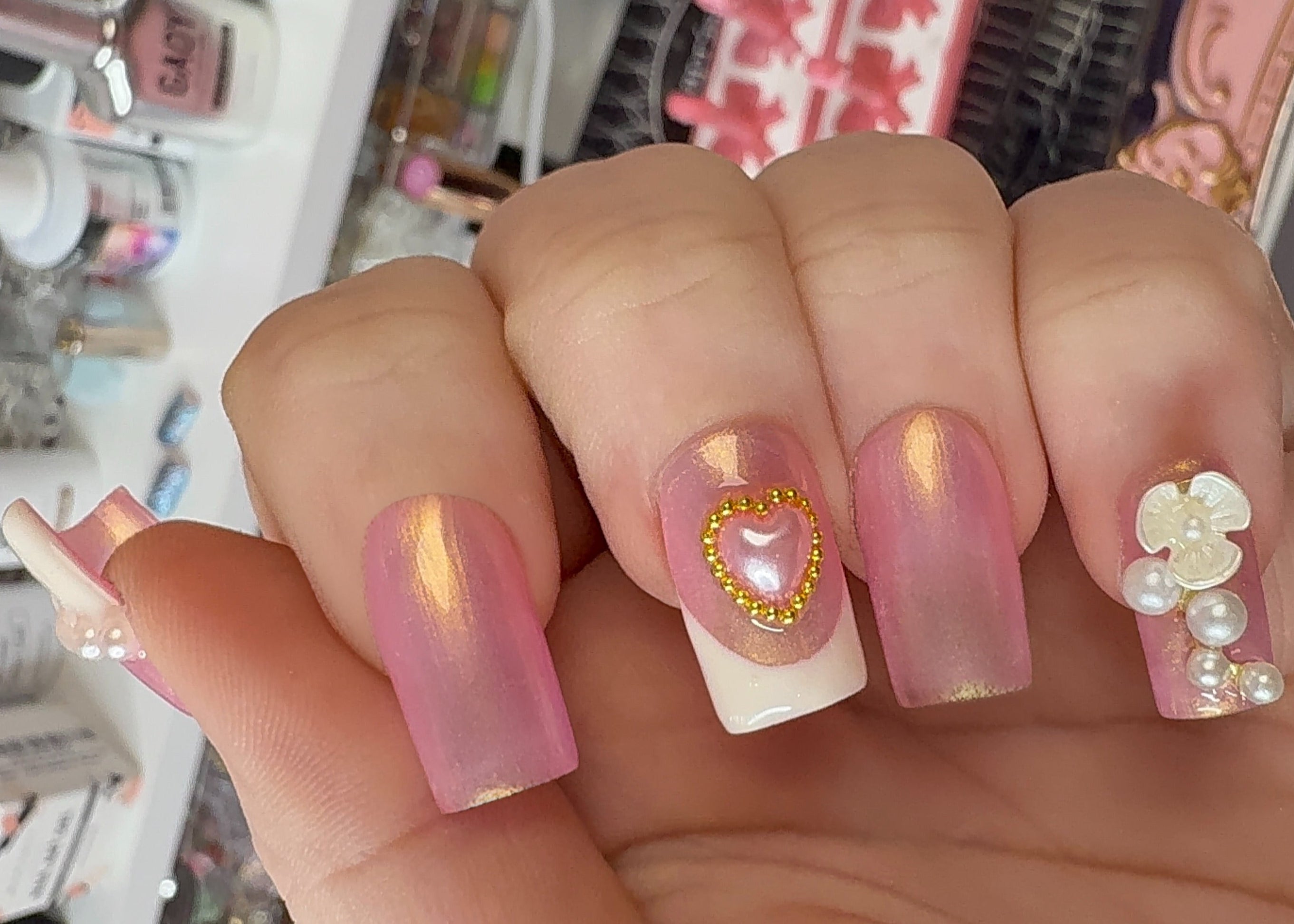 Cœur Perlé Press On Nails | Pink Pearl Heart Nails | Shimmery French Tip Press Ons | Handmade Rococo Coquette Floral Luxury Nail Set