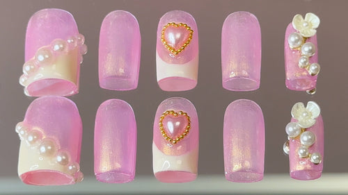 Cœur Perlé Press On Nails | Pink Pearl Heart Nails | Shimmery French Tip Press Ons | Handmade Rococo Coquette Floral Luxury Nail Set