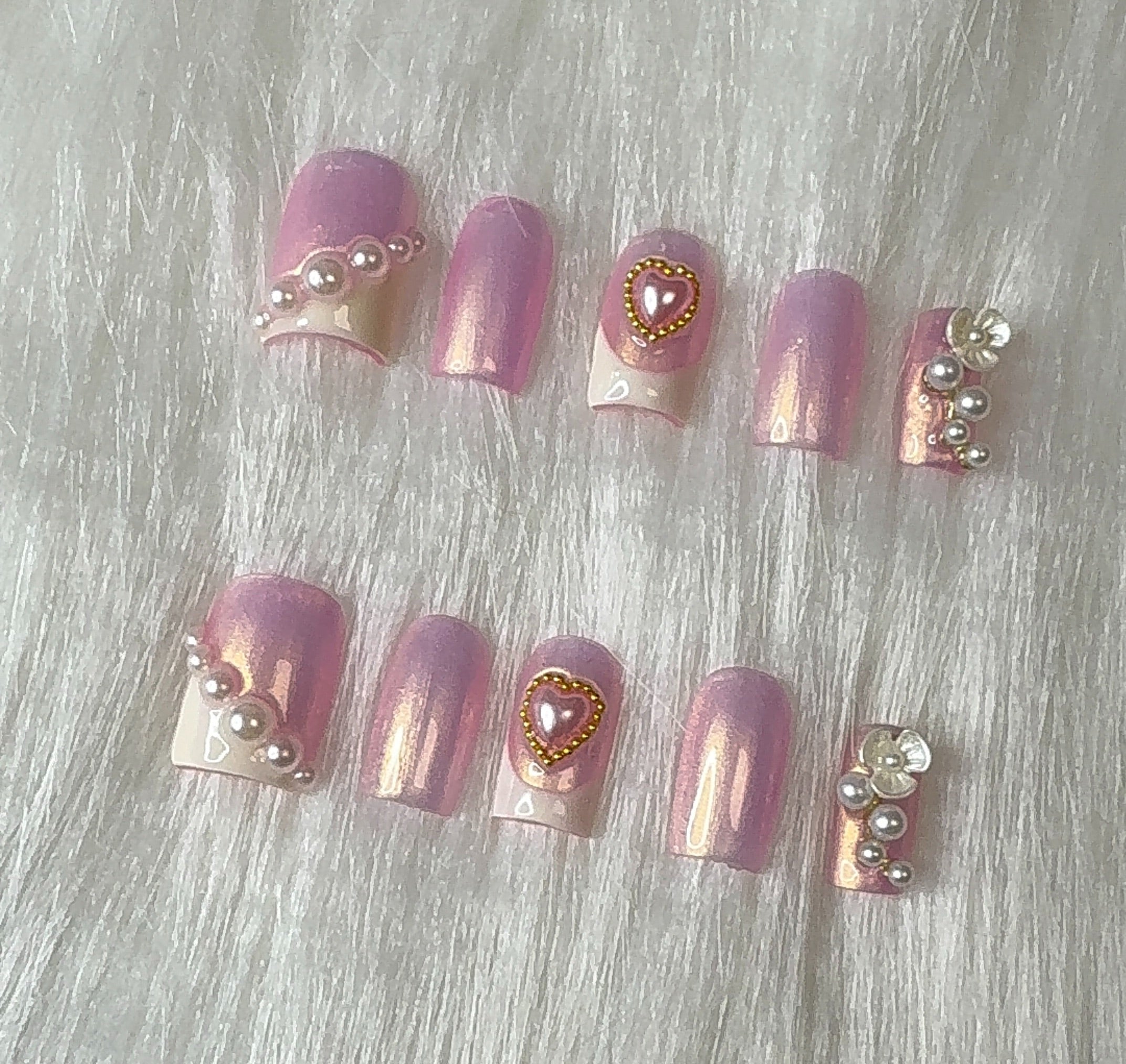 Cœur Perlé Press On Nails | Pink Pearl Heart Nails | Shimmery French Tip Press Ons | Handmade Rococo Coquette Floral Luxury Nail Set