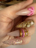 Bague De Rosé Pink Luxury Pink Gold Press On Nails | 3D Bow Pearl Nails | Rococo French Tip Stiletto Nails | Handmade Blush Glam Nails | Bague de Rose