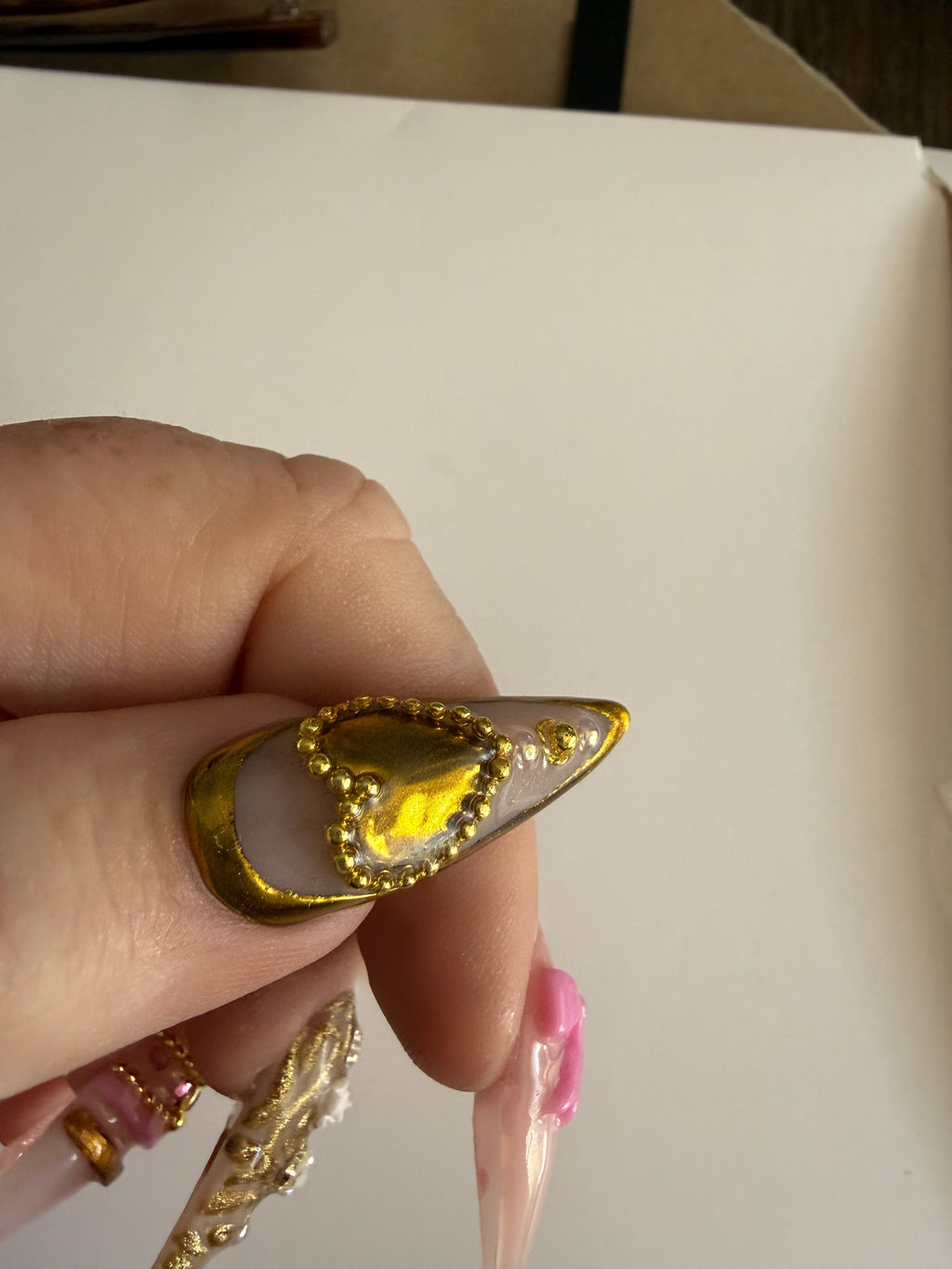 Bague De Rosé Pink Luxury Pink Gold Press On Nails | 3D Bow Pearl Nails | Rococo French Tip Stiletto Nails | Handmade Blush Glam Nails | Bague de Rose