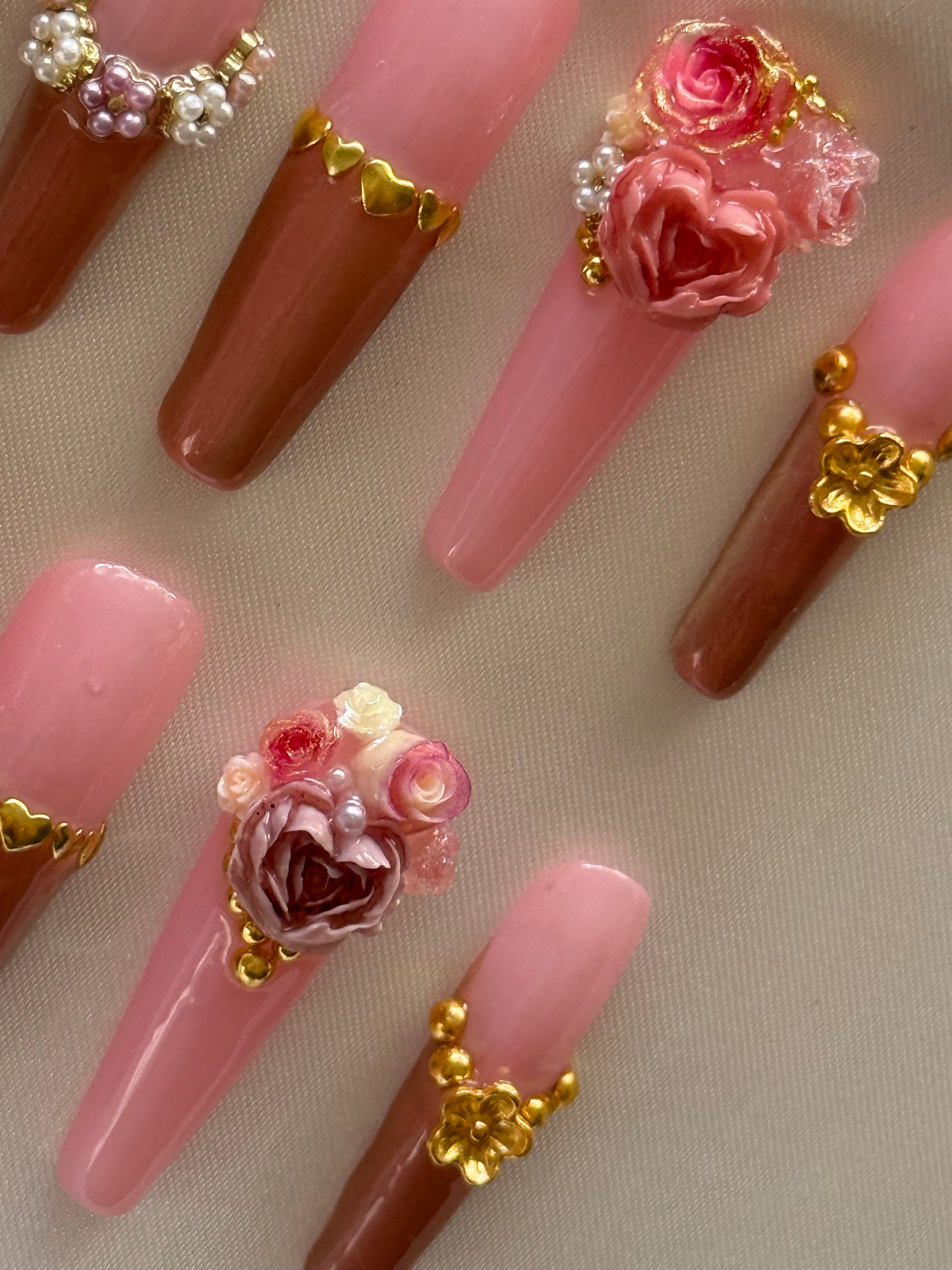 Les Roses de Rosina | 3D Rose Press On Nails | Rococo Floral Nails | Luxury Handmade Nails