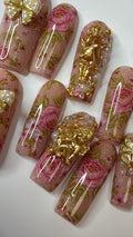 Les Chérubins de Rosina™ | Luxury Rococo Floral Press-On Nails | Champagne Nude Gold, Pink Roses, Cherubs & Pearls