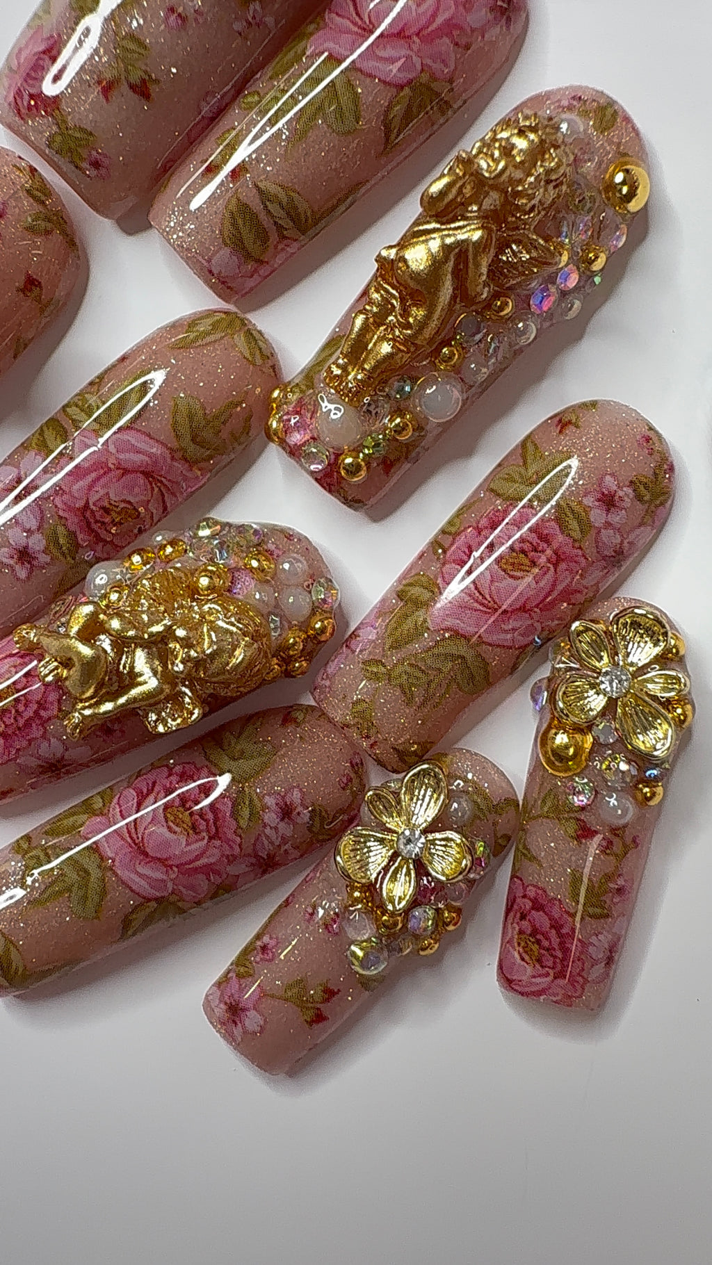 Les Chérubins de Rosina™ | Luxury Rococo Floral Press-On Nails | Champagne Nude Gold, Pink Roses, Cherubs & Pearls