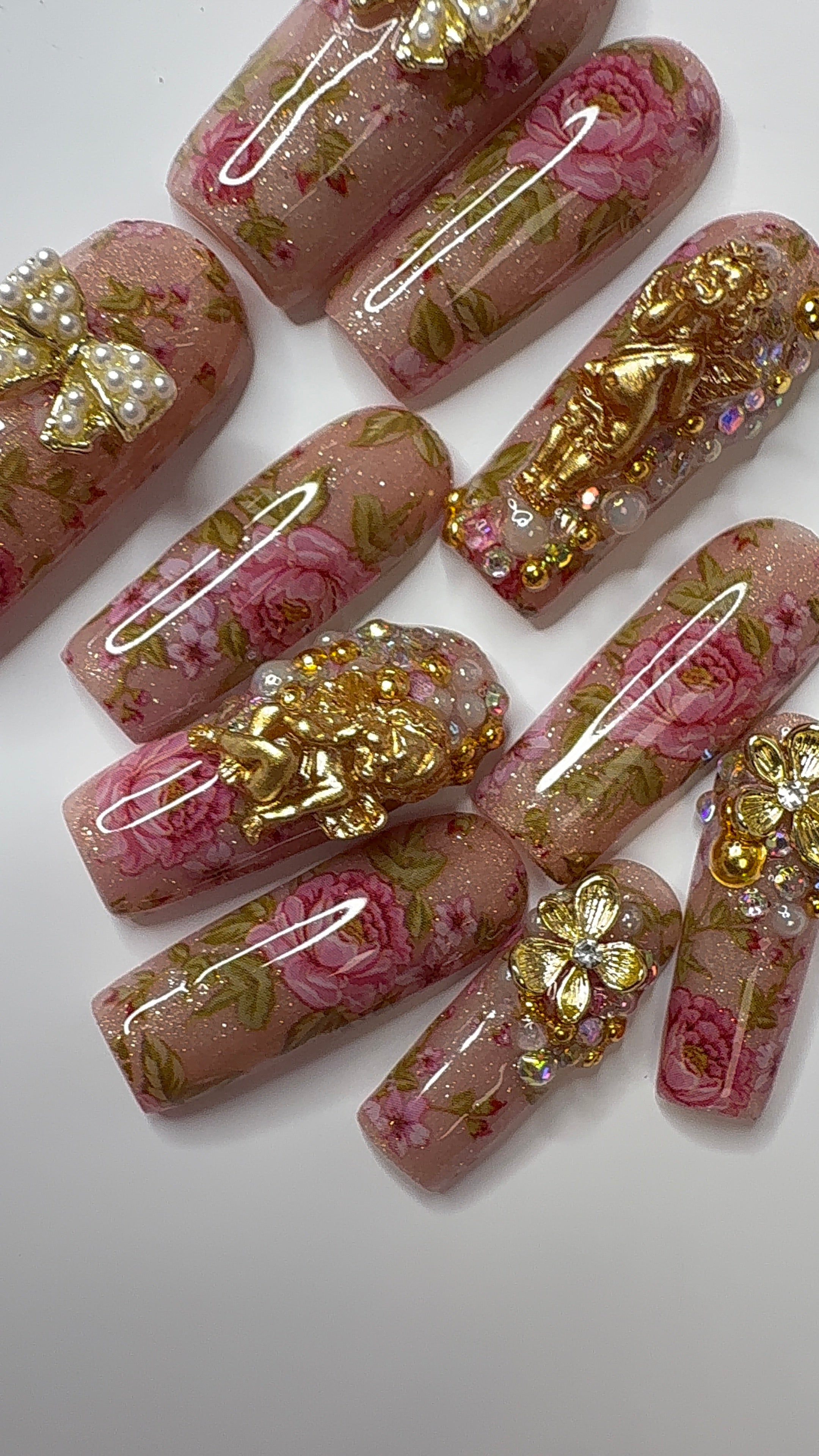 Les Chérubins de Rosina™ | Luxury Rococo Floral Press-On Nails | Champagne Nude Gold, Pink Roses, Cherubs & Pearls