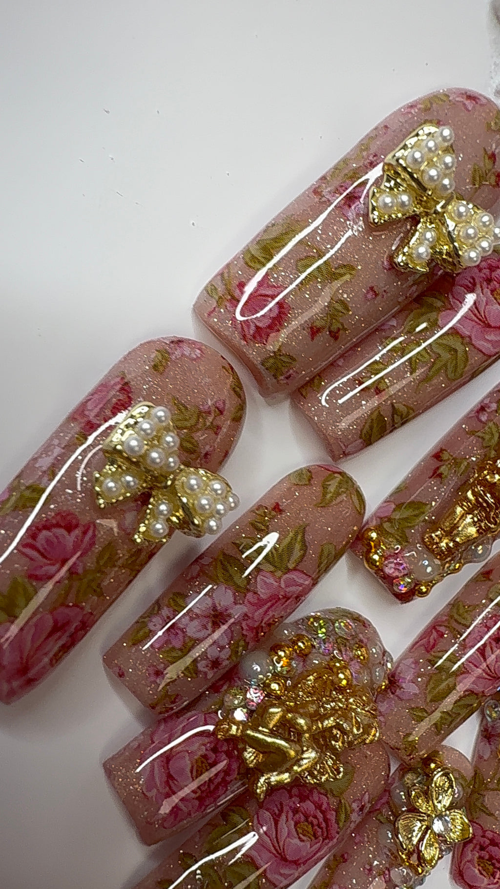 Les Chérubins de Rosina™ | Luxury Rococo Floral Press-On Nails | Champagne Nude Gold, Pink Roses, Cherubs & Pearls
