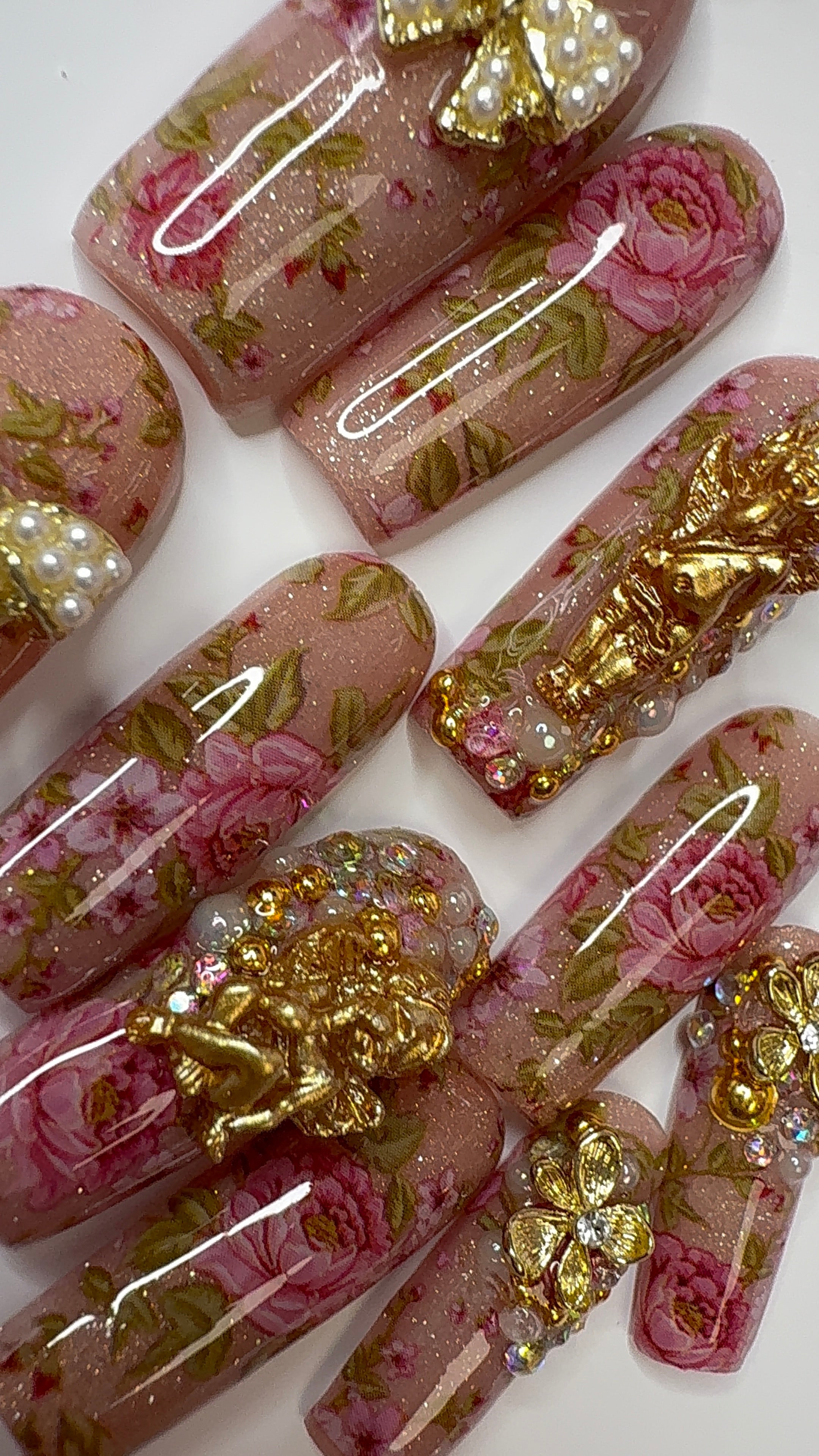 Les Chérubins de Rosina™ | Luxury Rococo Floral Press-On Nails | Champagne Nude Gold, Pink Roses, Cherubs & Pearls