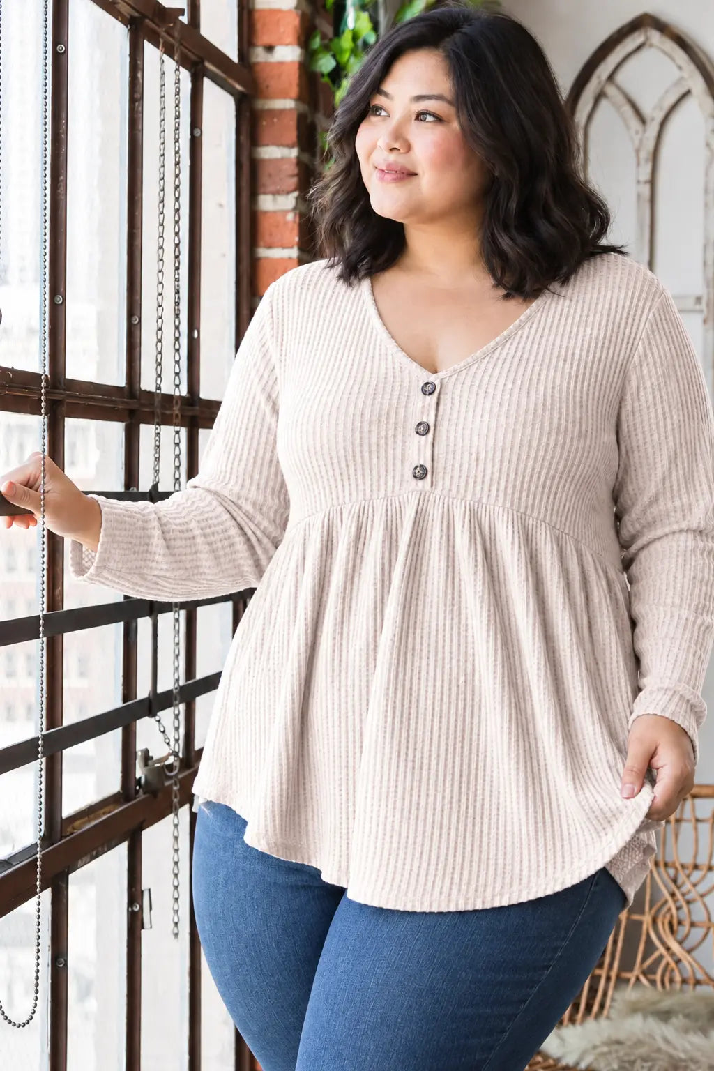 Clarissa cozy oatmeal ribbed babydoll henley top with button front