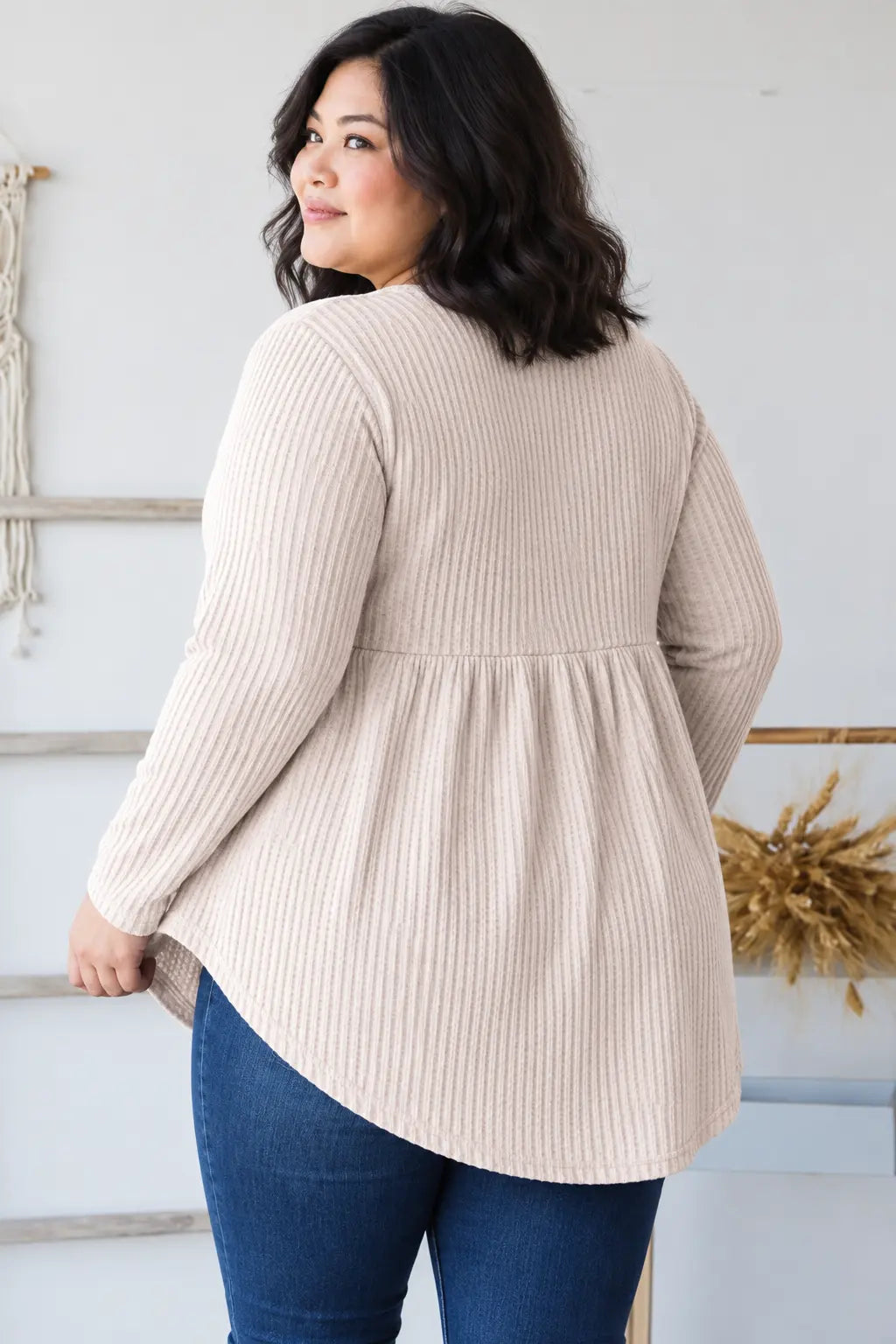Plus size oatmeal ribbed babydoll button henley top – Clarissa by House of Rosina Rococo