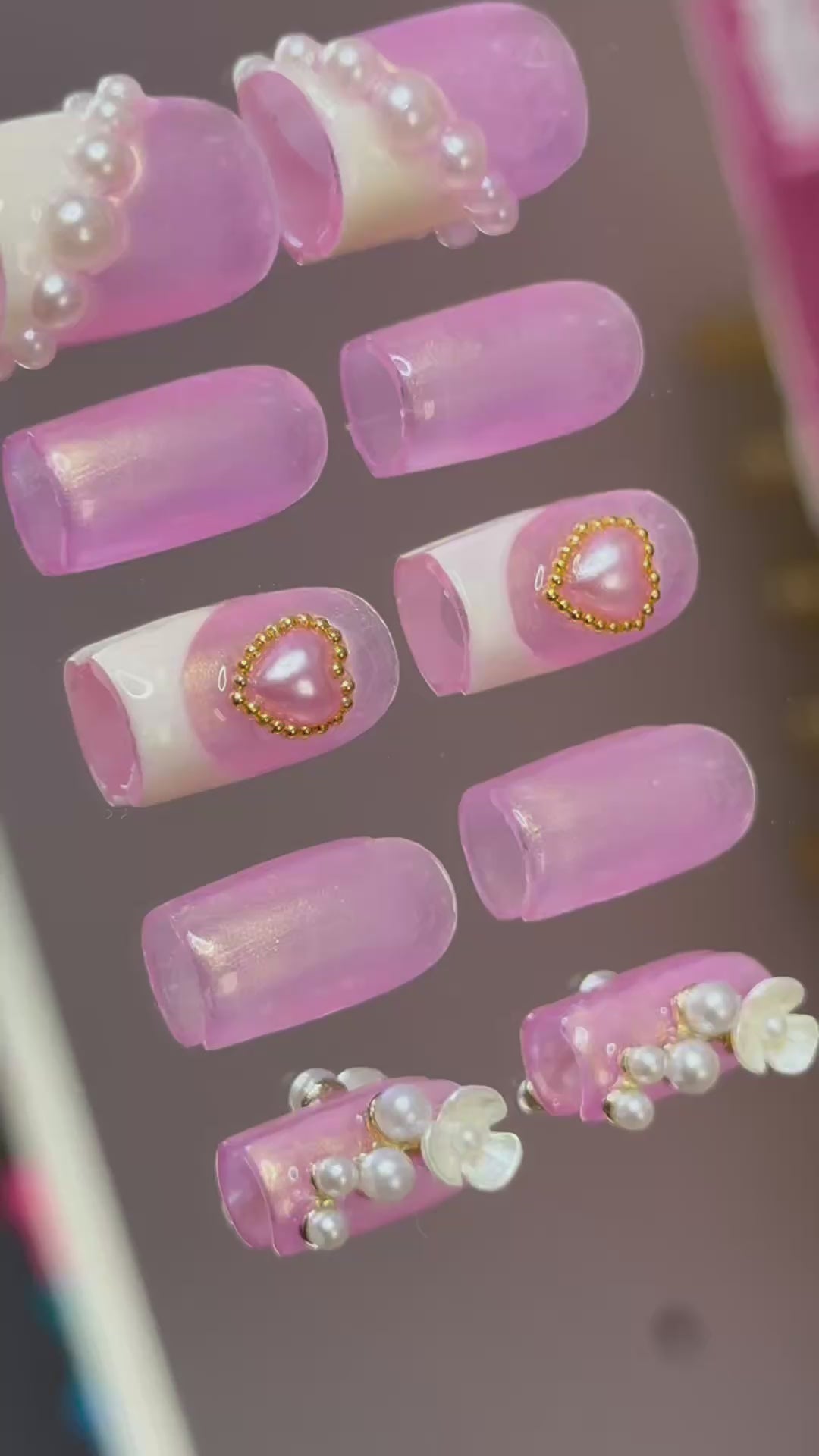 Cœur Perlé Press On Nails | Pink Pearl Heart Nails | Shimmery French Tip Press Ons | Handmade Rococo Coquette Floral Luxury Nail Set