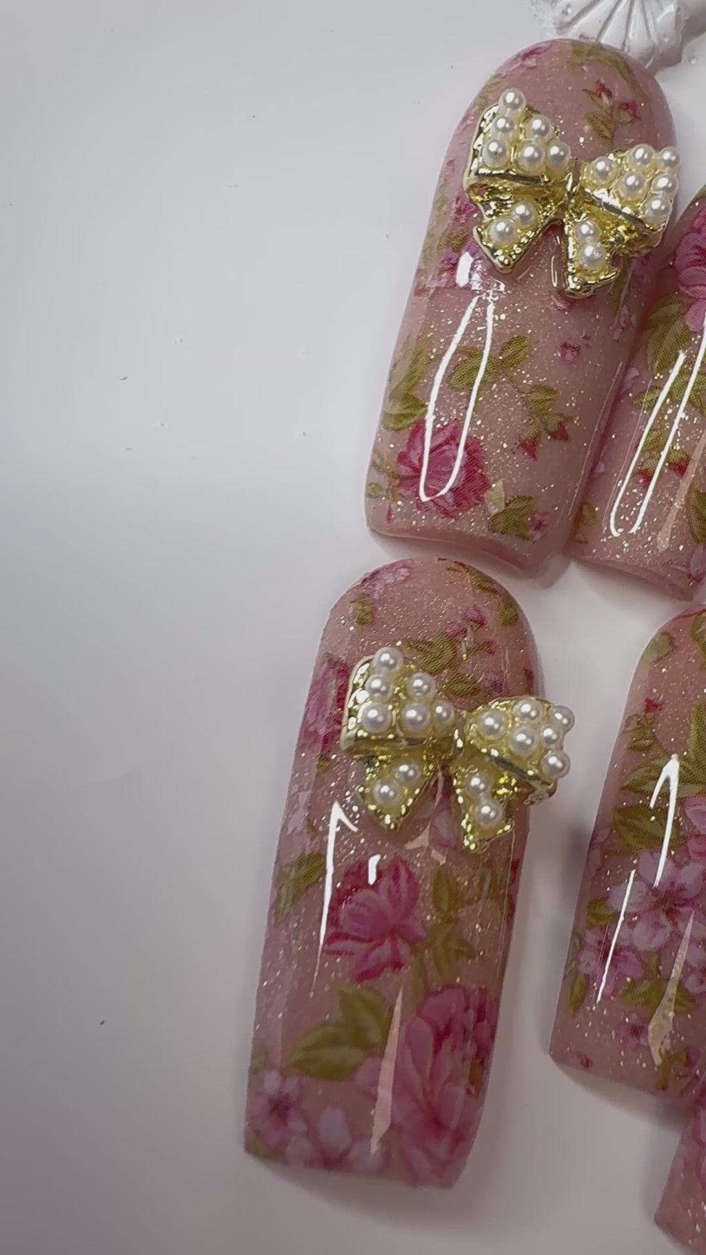 Les Chérubins de Rosina™ | Luxury Rococo Floral Press-On Nails | Champagne Nude Gold, Pink Roses, Cherubs & Pearls